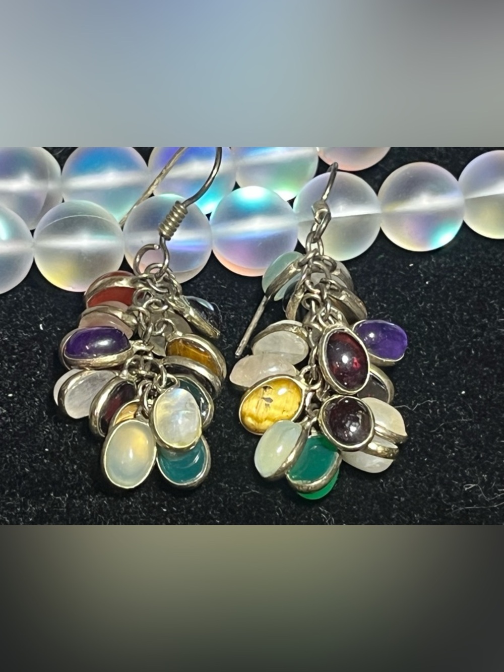 Silver Gemstone Grape Cluster Earrings
